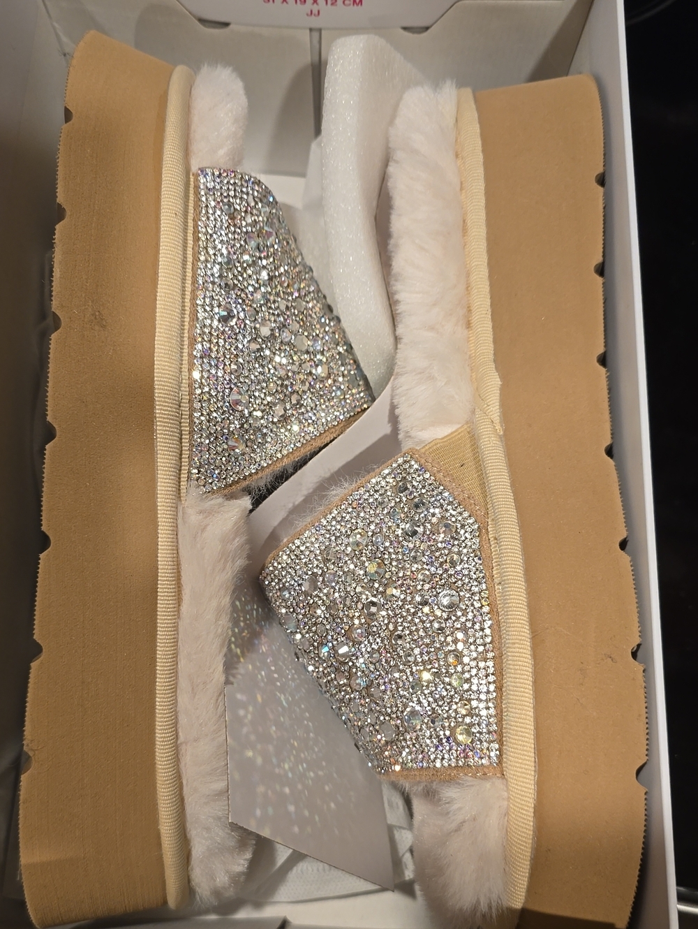 Corkys Beige Faux Fur Slide Sandals with Crystal Embellished Vamps